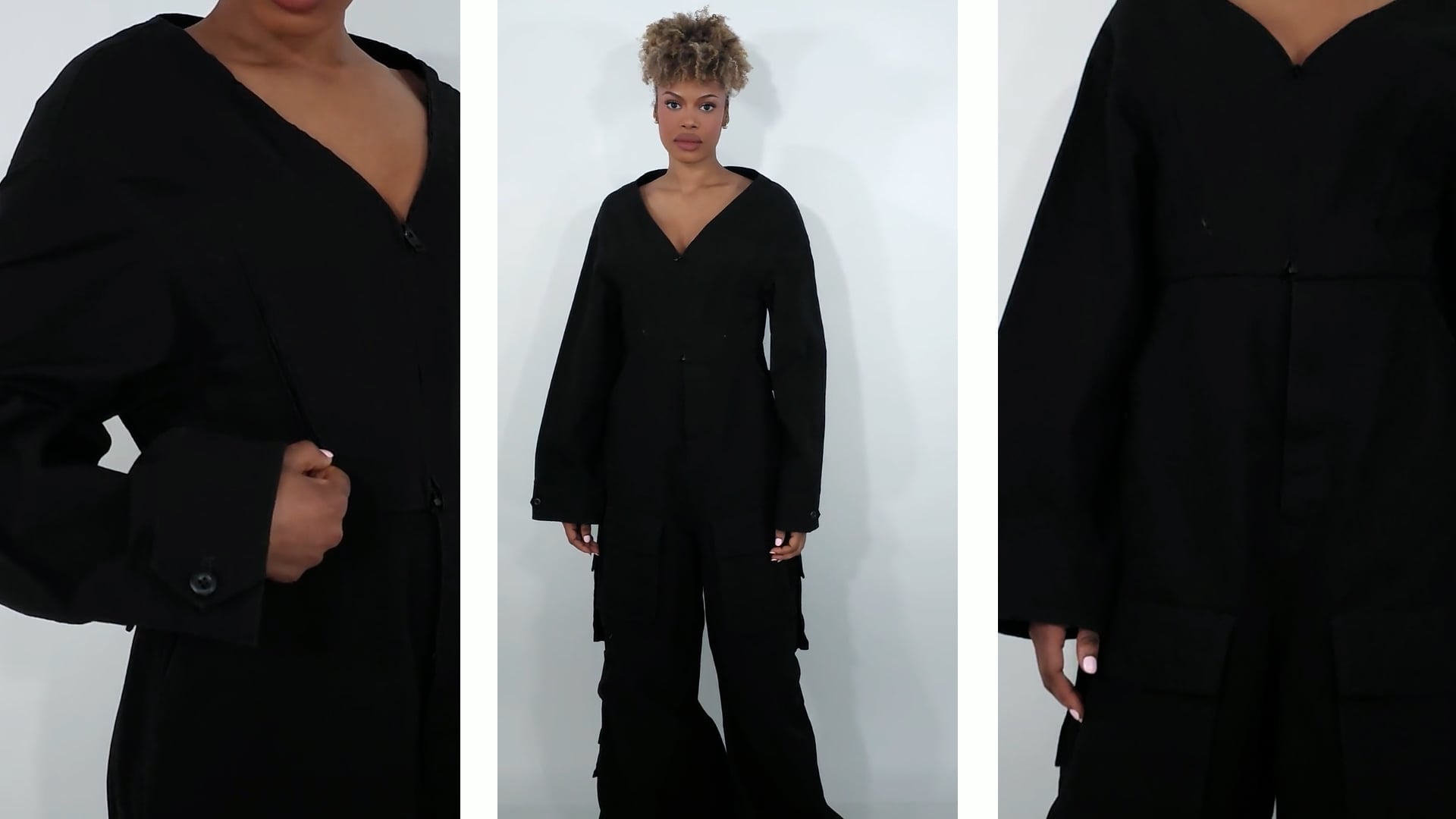 BALENCIAGA ブラック セットアップ Balenciaga Ladies Black V-Neck Cotton Cargo Jumpsuit, Brand Size