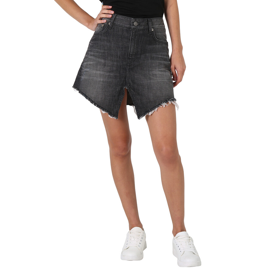 Shop Balenciaga Ladies Cotton Denim Cut-up Mini Skirt In Black/white