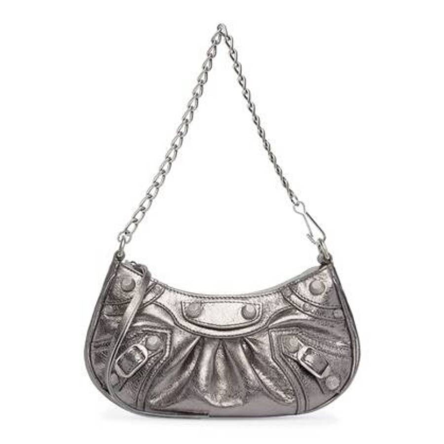 Balenciaga Le Cagole Mini Purse With Chain Metallized In Silver In Gray
