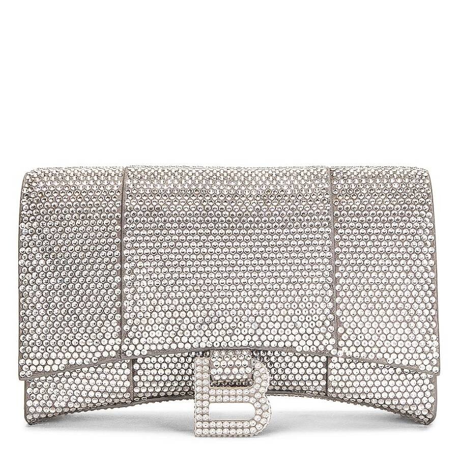 【訳アリ】BALENCIAGA HOURGLASS チェーン ミニバッグ 656050 Balenciaga Smoke Grey Rhinestone Hourglass Wallet On Chain