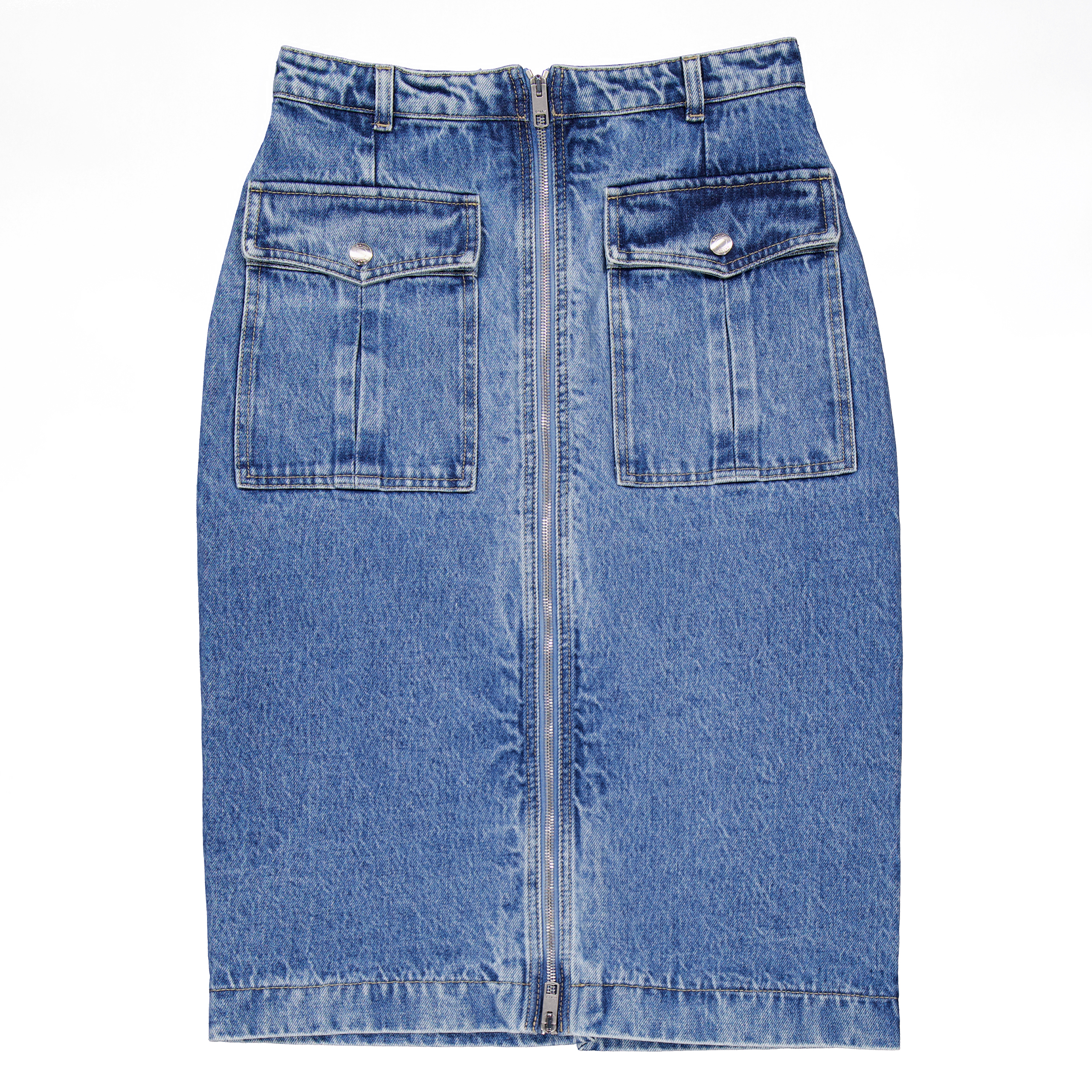 Bally Hilda Zip-Front Denim Midi Skirt, Brand Size 38 ( US Size 2