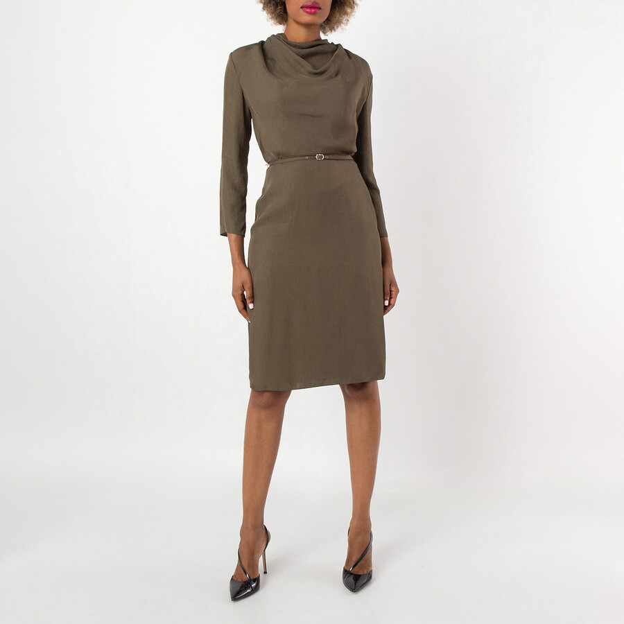 Military Green Cowl-Neck Belted Midi Dress