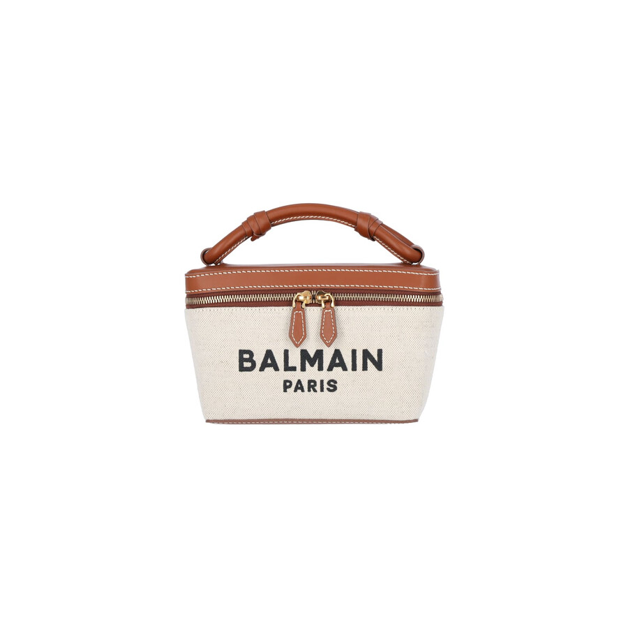 Balmain Structured Canvas Bag With Leather Handle And Logo In Neutral