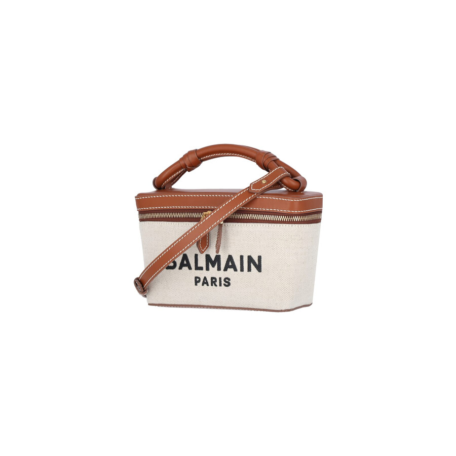 Balmain Structured Canvas Bag With Leather Handle And Logo In Neutral