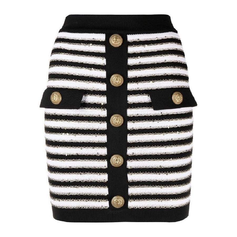 Button Embellished Stripe Mini Skirt