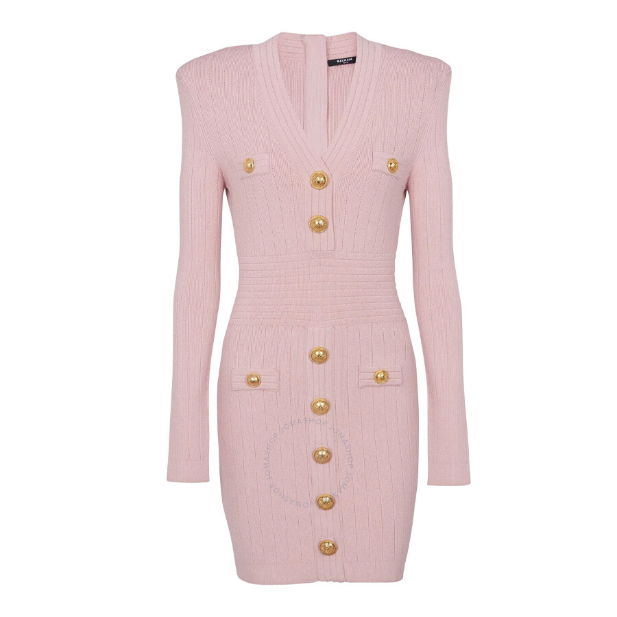 Balmain Button-embellished Knitted Minidress In Pink