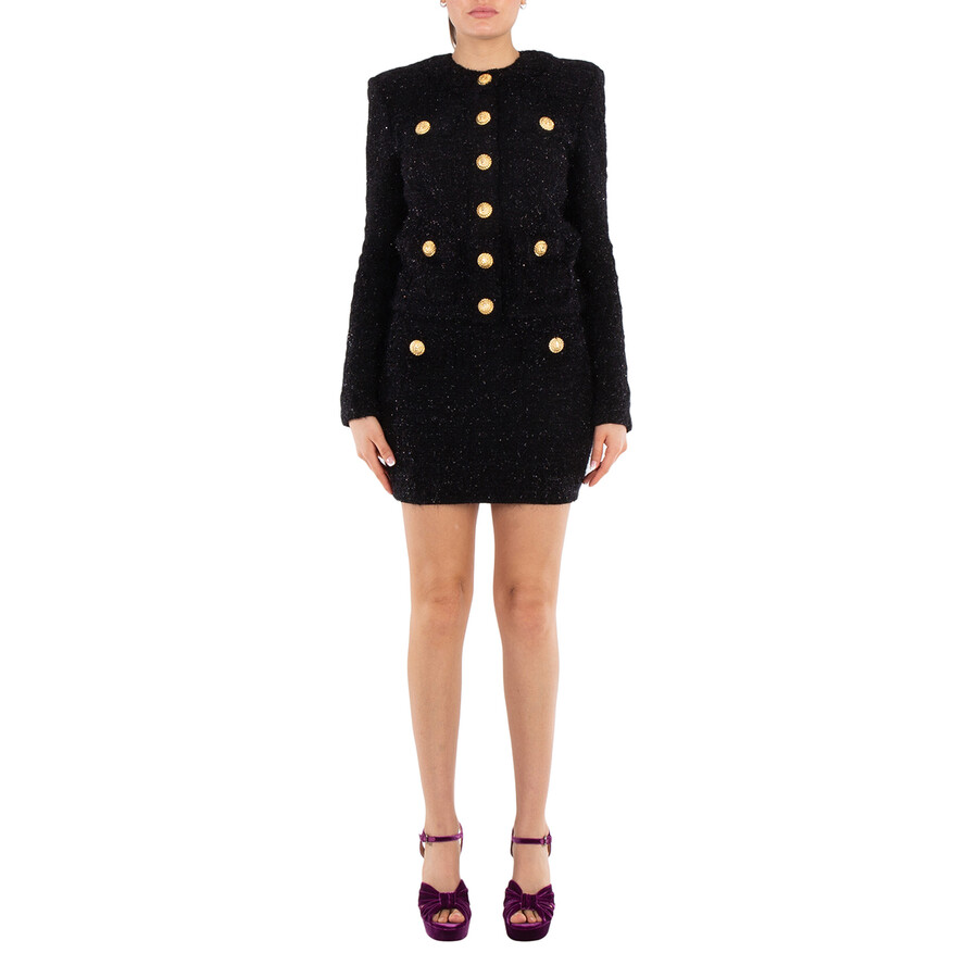 Button-Fastening Round Neck Tweed Jacket
