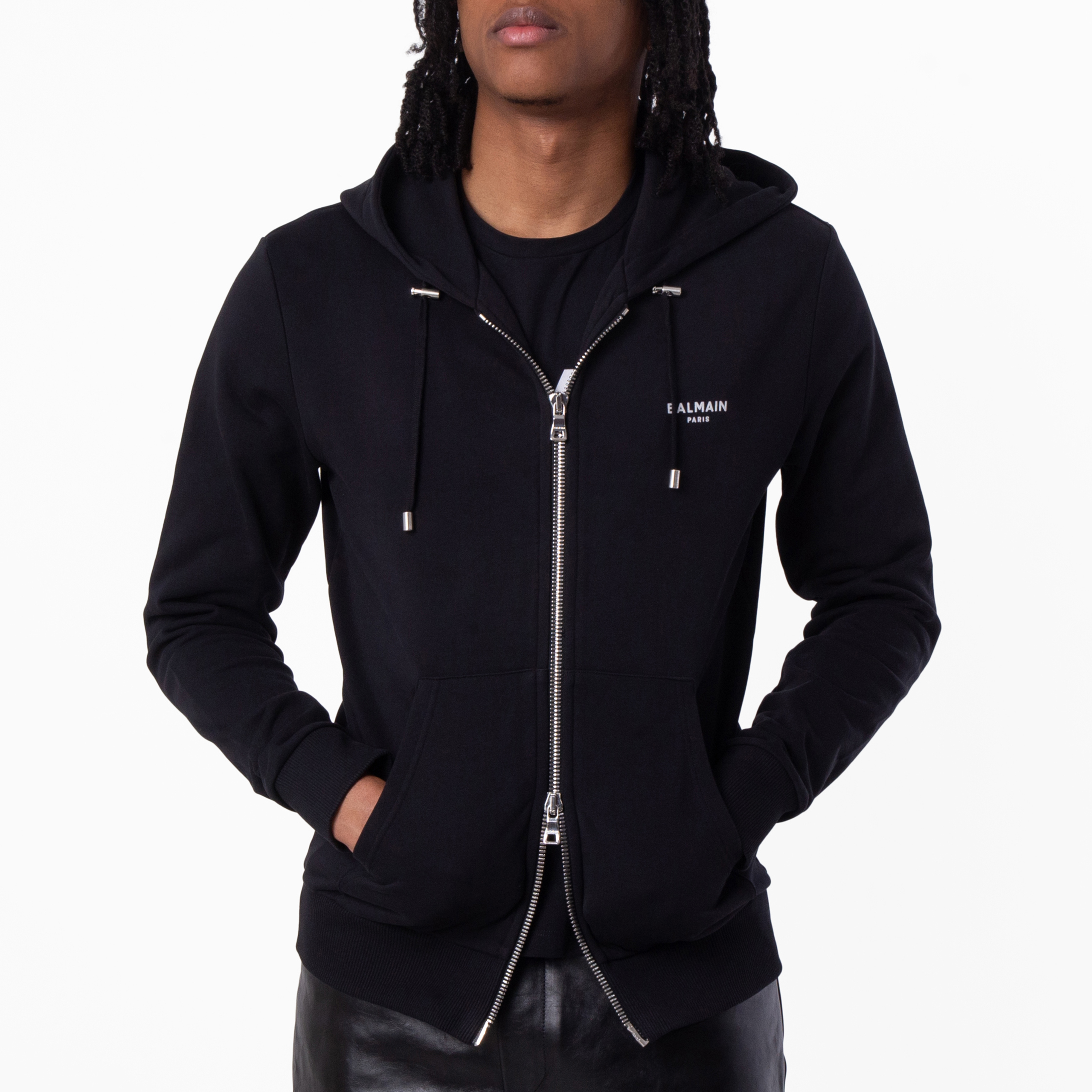 Balmain Flock Logo Zip Up Hoodie, Size Small XH1JX000BB04-EAB
