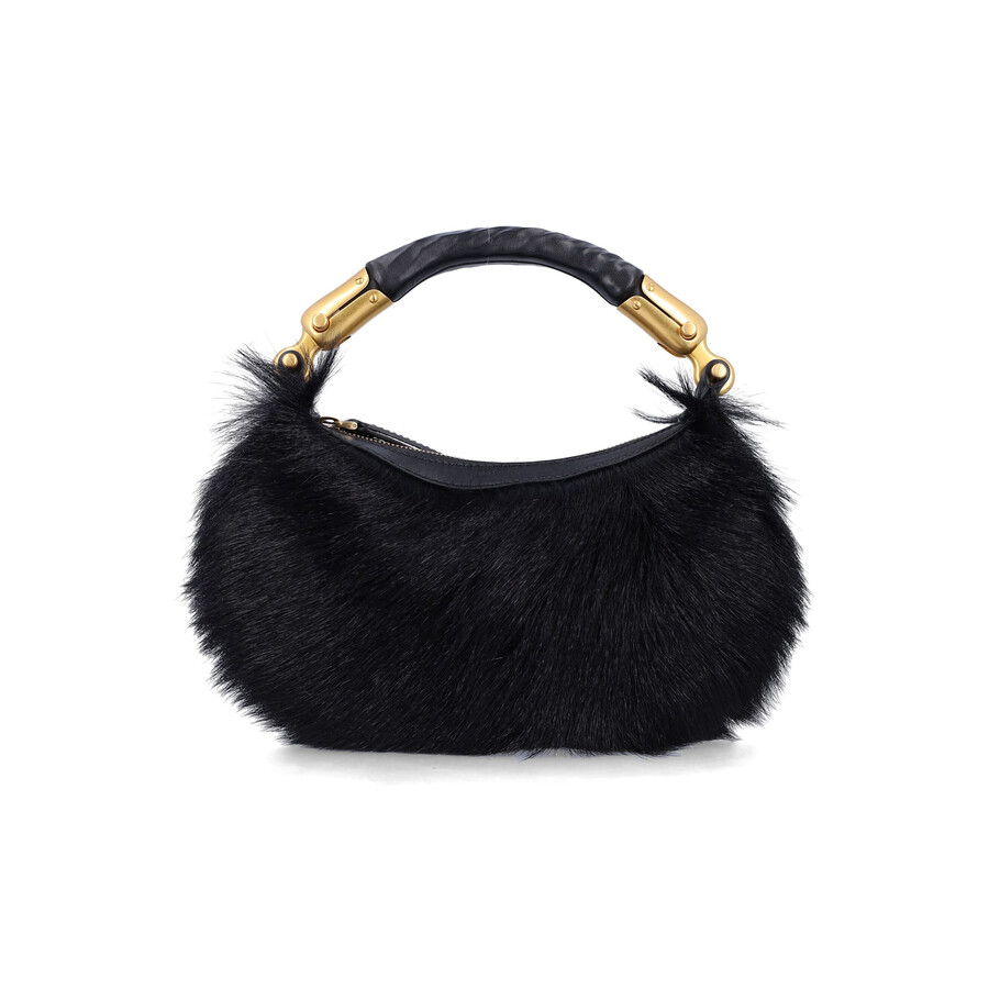 Balmain Genuine Fur Handbag With Leather Handle In Black