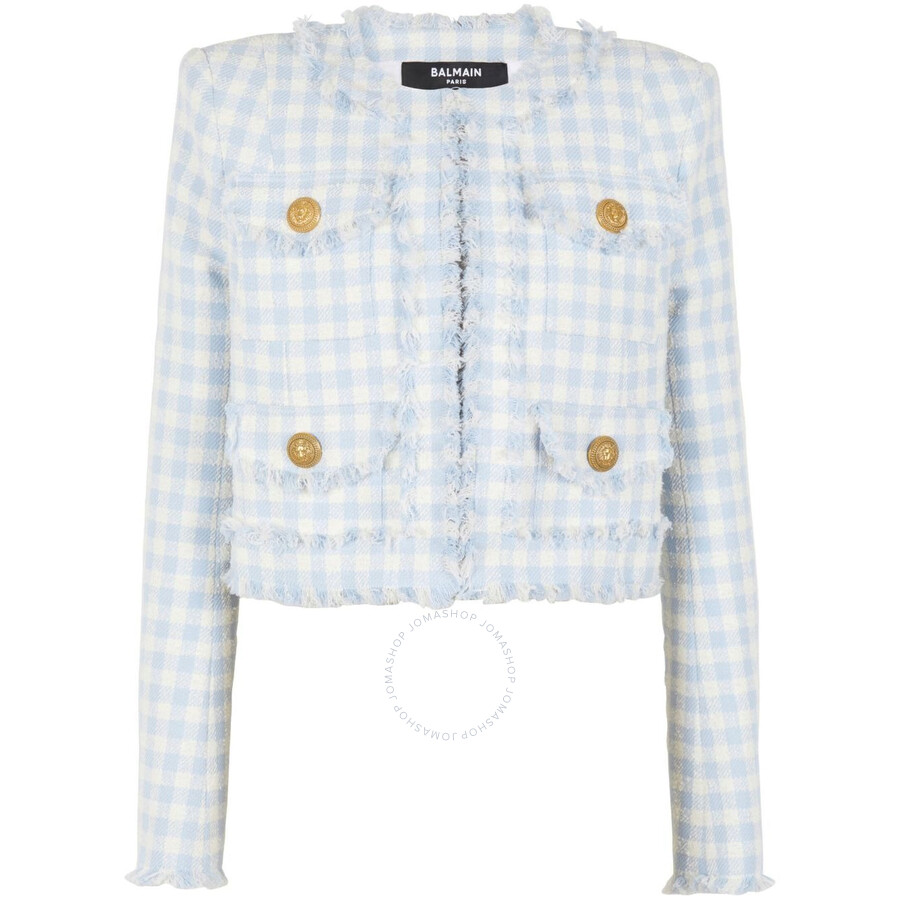 Balmain Blue Plaid Cropped Tweed Jacket In Blue