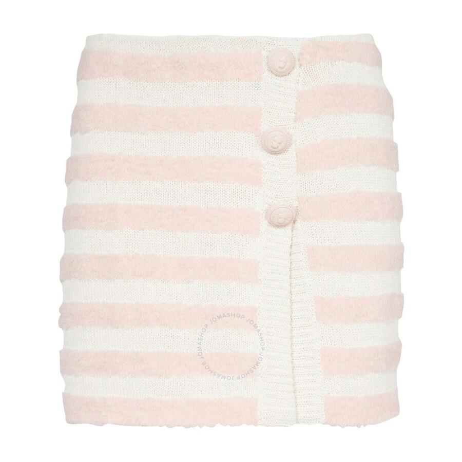 Shop Balmain Ladies Striped Knitted Button-up Skirt In Gkx Blanc Casse/rose Poudre