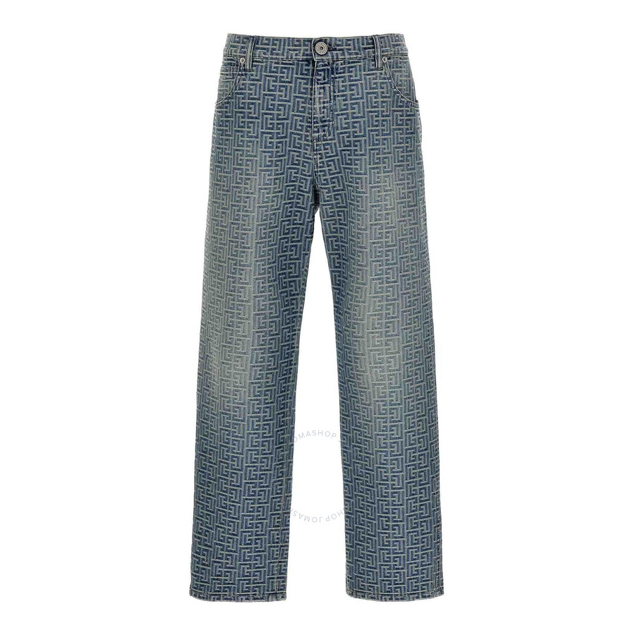 Balmain Jeans With Monogram Motif All-over In Grey
