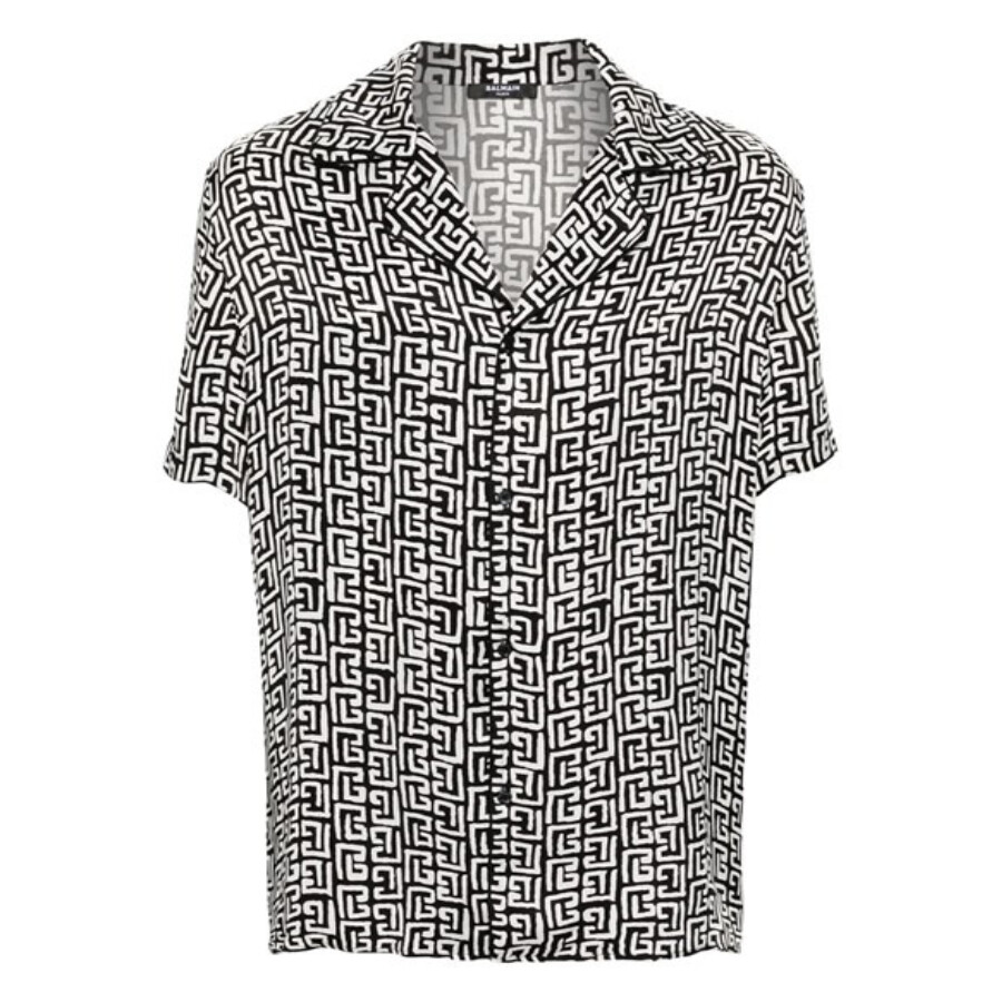 Balmain Black And White Bowling Shirt With All-over Monogram In Black