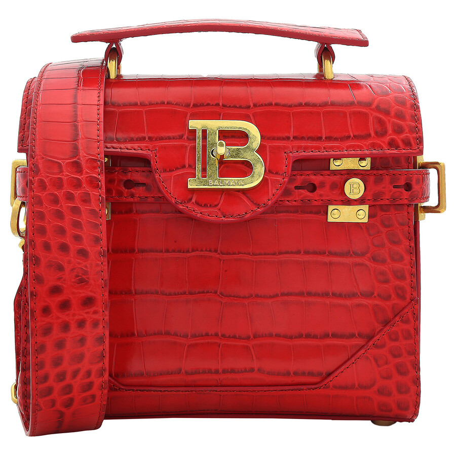 Shop Balmain Red Crocodile-print Leather B-buzz 23 Bag