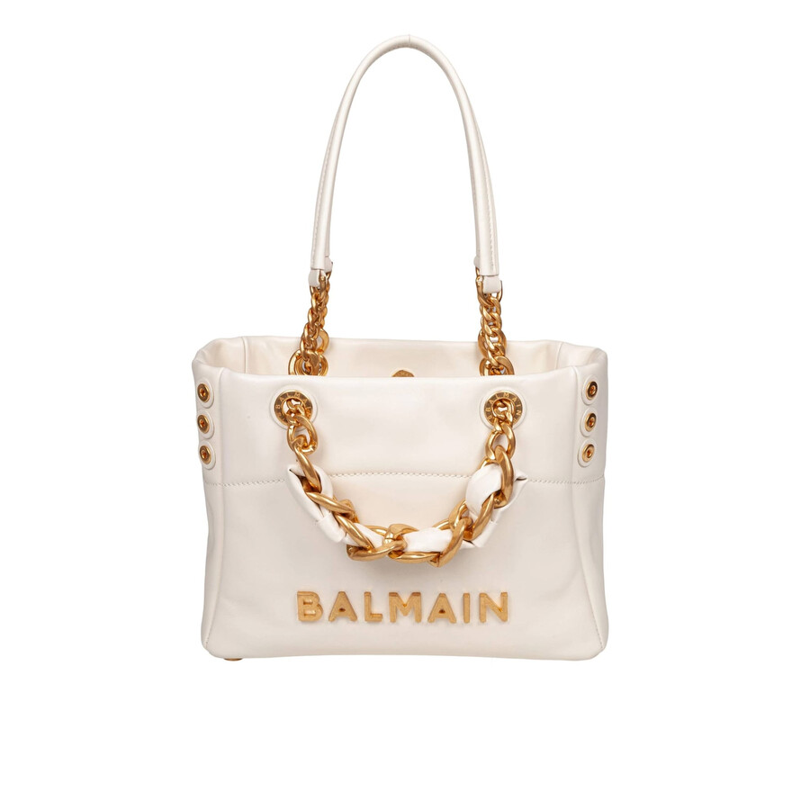 Balmain Small Crinkled Leather Tote Bag With Eyelet Embellishments In Sand