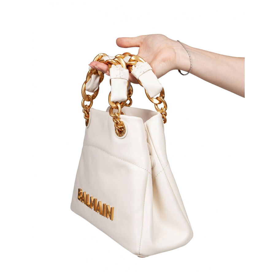 Balmain Small Crinkled Leather Tote Bag With Eyelet Embellishments In Sand