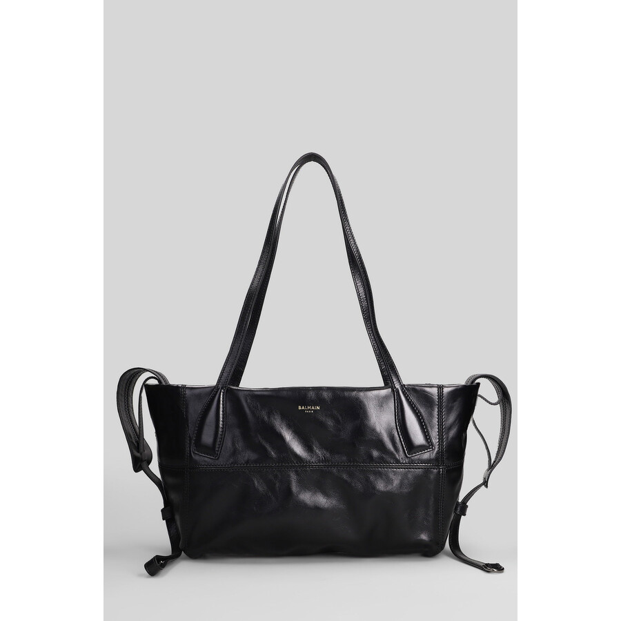 Balmain Track Zip Small Tote In Black Leather In Black