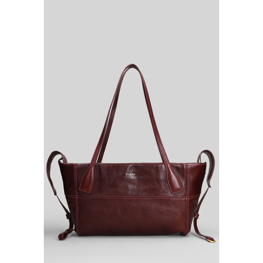 Balmain Track Zip Small Tote In Bordeaux Leather In Red
