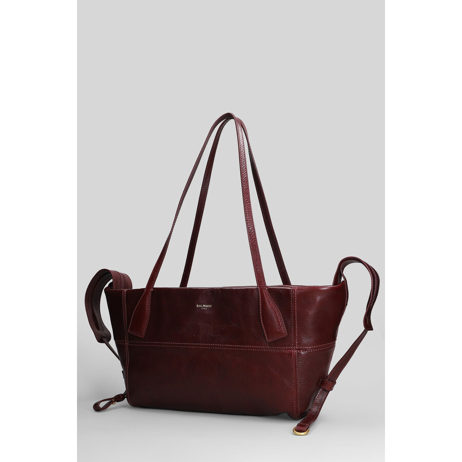 Balmain Track Zip Small Tote In Bordeaux Leather In Red