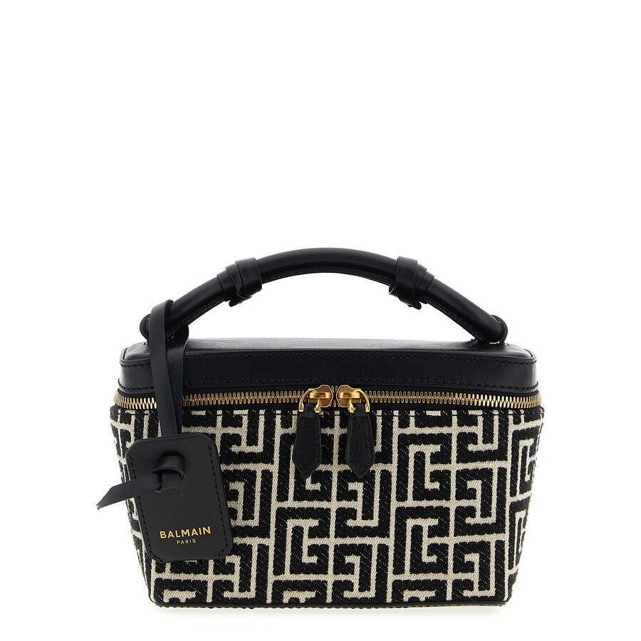 Balmain B-army Vanity Case In Monogrammed Canvas And Leather In Black