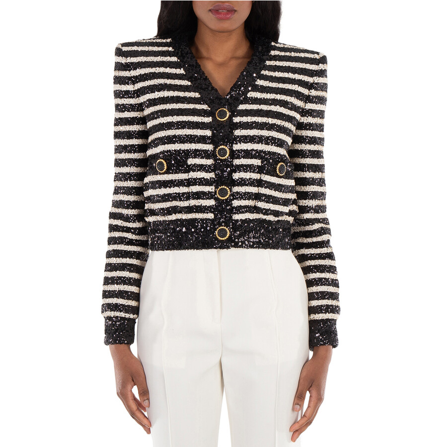 V-Neck Striped Sequinned Jacket