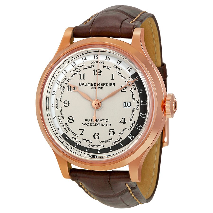 Baume And Mercier Capeland Worldtimer Beige Dial 18kt Rose Gold Brown Leather Men's Watch 10107