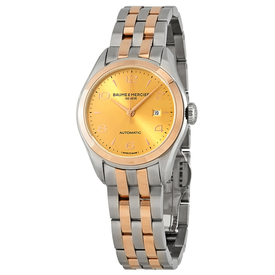 Baume et Mercier Clifton Automatic Gold Dial Ladies Steel and 18k Rose Gold Watch M0A10351