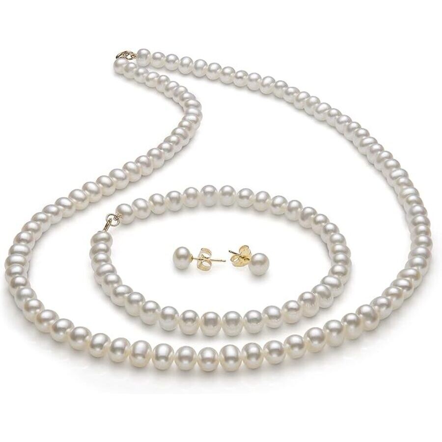 Belacqua 14k Gold 5.0-6.0mm Freshwater Pearl 18" Necklace Bracelet Stud Earrings Set For Women | Jew In White