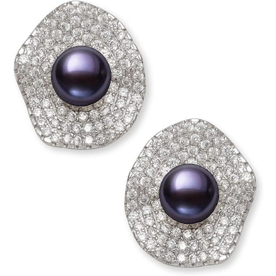 Belacqua Black Cultured Freshwater Button Pearl With Halo Cubic Zirconia Stud Earring In Sterling Si In Multi