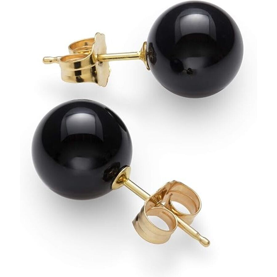 Belacqua Natural 10mm Black Onyx Round Stud Earrings In 14k Yellow Gold In Black