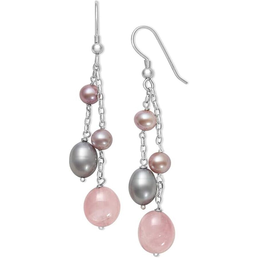 Belacqua Natural Cultured Freshwater Pearl And Rose Quartz Dangle Drop Tassel Earrings In Sterling S In Multi