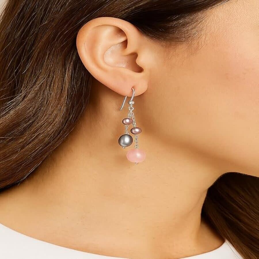 Belacqua Natural Cultured Freshwater Pearl And Rose Quartz Dangle Drop Tassel Earrings In Sterling S In Multi