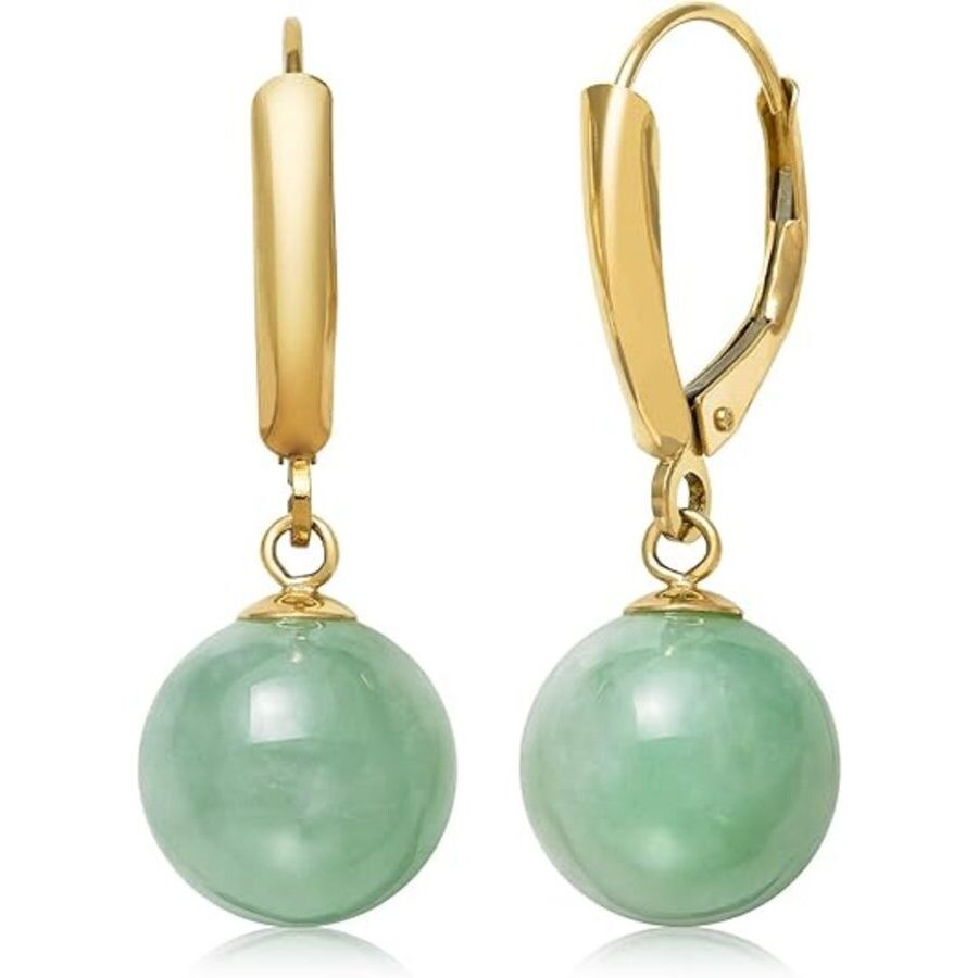 Belacqua Natural Green Jade Round Dangle Drop Earrings In 14k Yellow Gold In Green