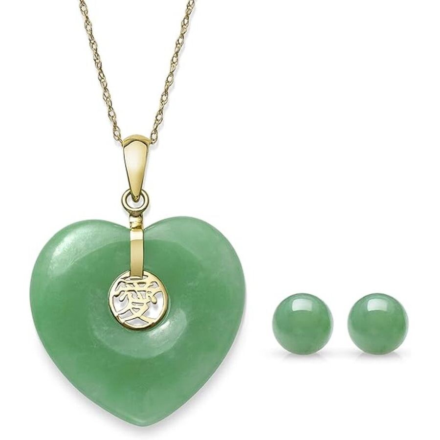 Belacqua Natural Jade Love Symbol Heart Pendant In 14k Yellow Gold In Green