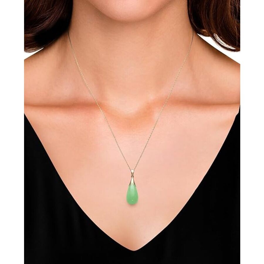 Belacqua Natural Teardrop Jade Pendant Necklace With Round Stud Earrings Set In 10k Gold In Green