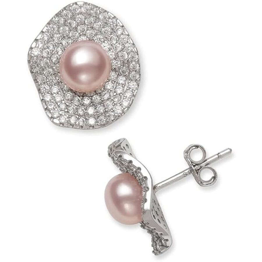 Belacqua Pink Cultured Freshwater Button Pearl With Halo Cubic Zirconia Stud Earring In Sterling Sil In Metallic