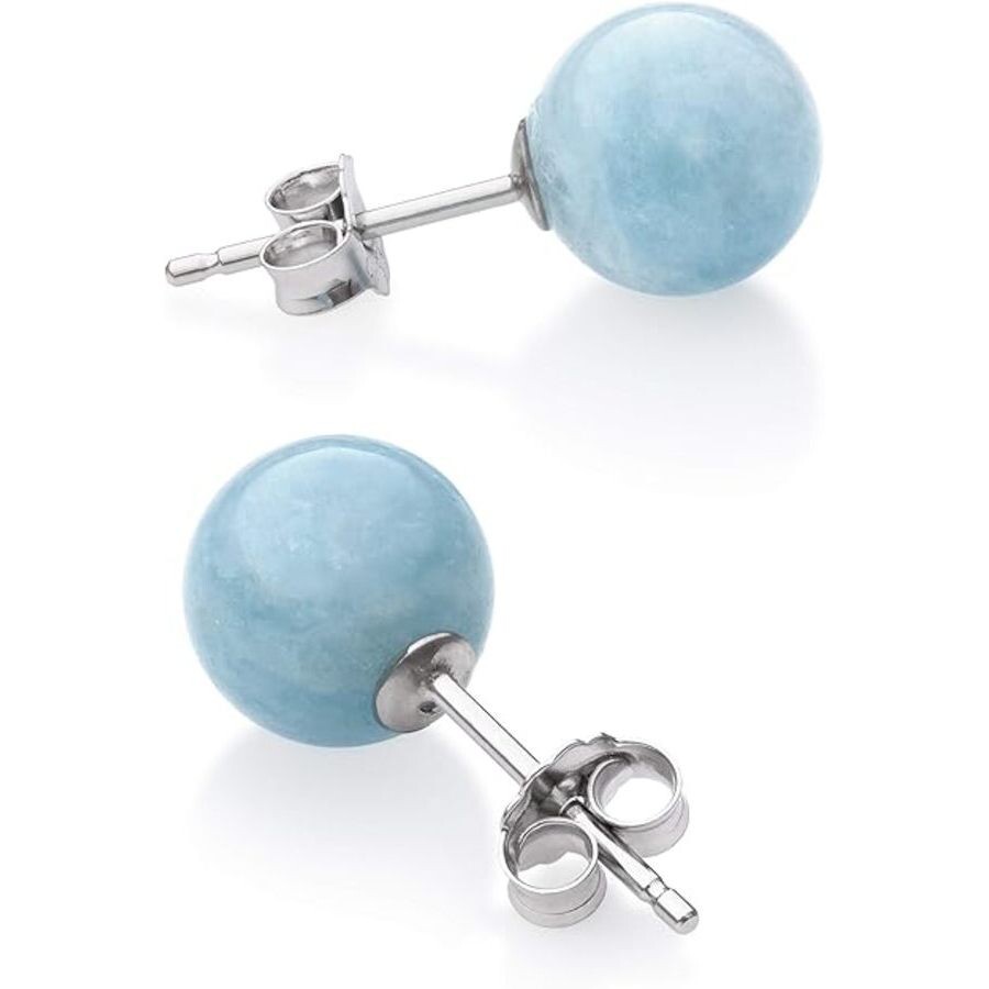 Belacqua Round Natural Blue Milky Aquamarine Gemstone Stud Earrings In Sterling Silver In Blue