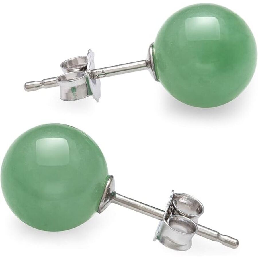 Belacqua Round Natural Green Jade Gemstone Stud Earrings In Sterling Silver In Green