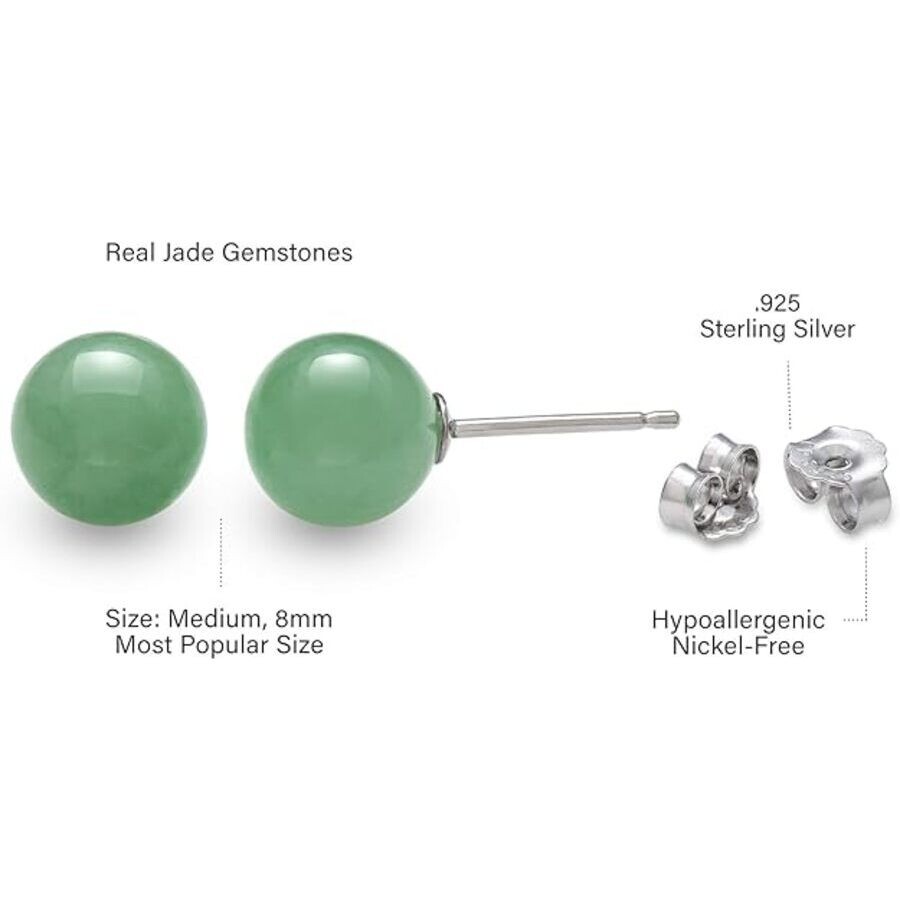 Belacqua Round Natural Green Jade Gemstone Stud Earrings In Sterling Silver In Green