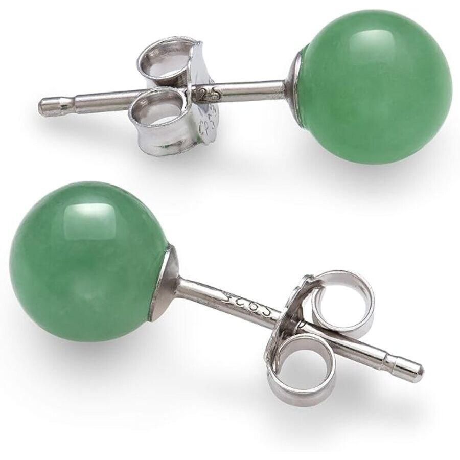 Belacqua Round Natural Green Jade Gemstone Stud Earrings In Sterling Silver In Green
