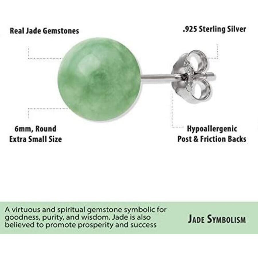 Belacqua Round Natural Green Jade Gemstone Stud Earrings In Sterling Silver In Green