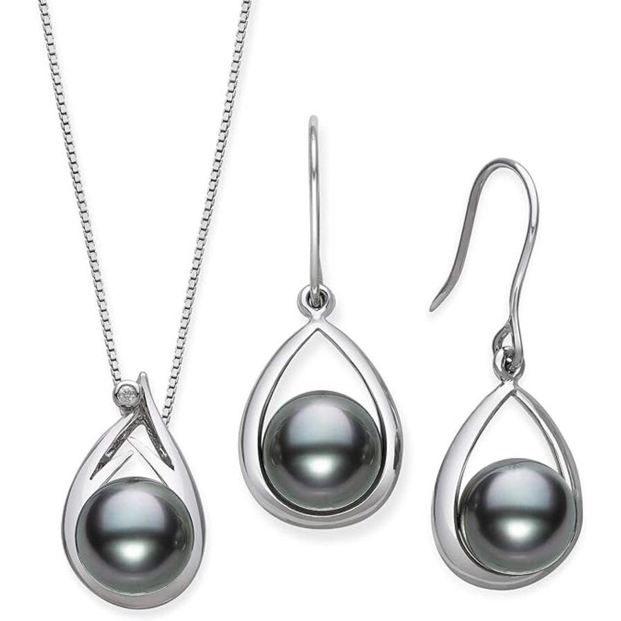 Belacqua Tahitian Black Pearl Diamond Pendant And Drop Dangle Earring Set In Sterling Silver In Black
