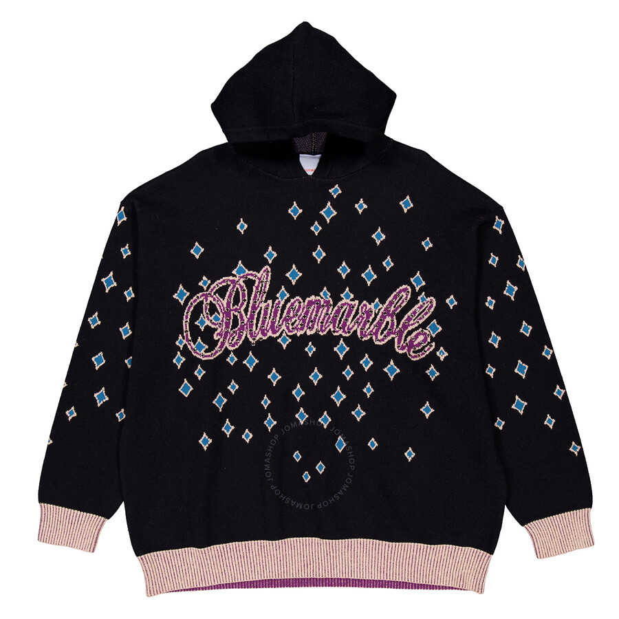 【BLUEMARBLE】Jacquard rhinestoned hooded jumper BLACK Bluemarble Jacquard Rhinestoned Hooded Jumper In Black
