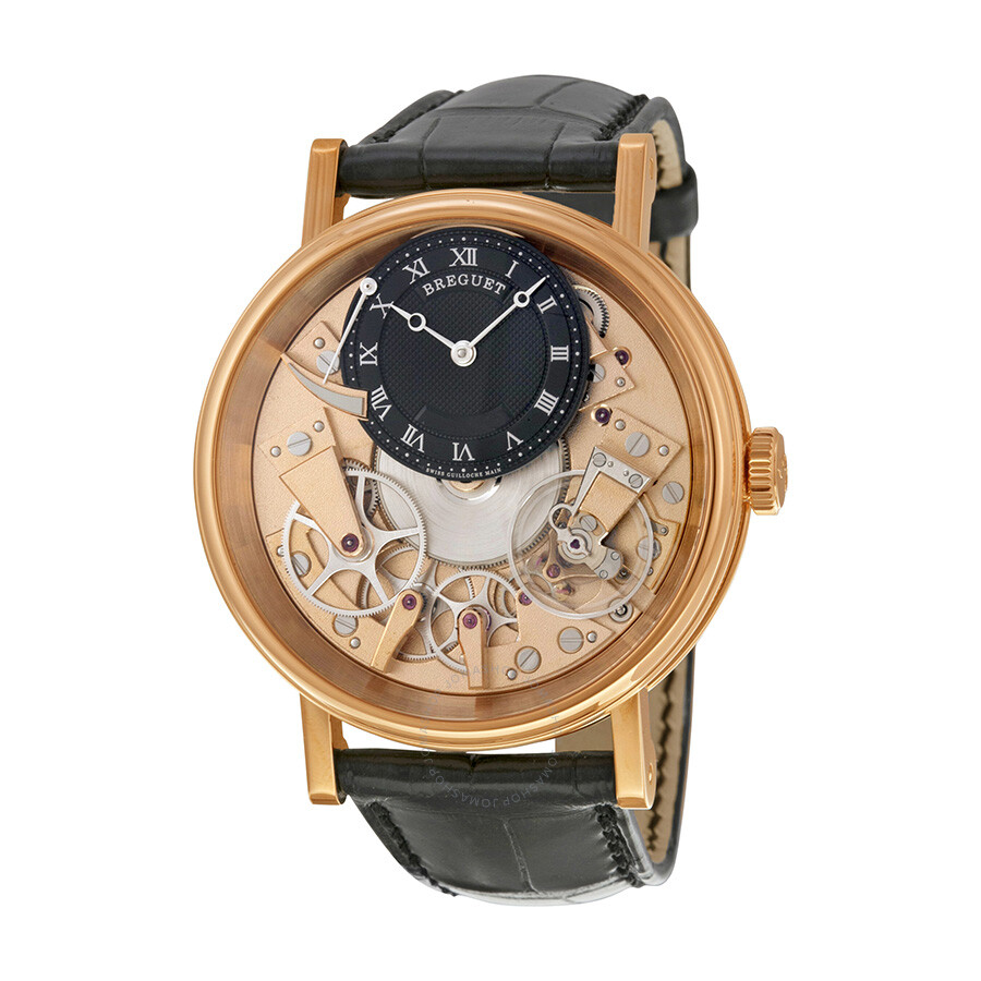 Shop Breguet Tradition Black And Champagne Skeleton Dial 18kt Rose Gold Black Leather Men's Watch 7057brr In Black / Champagne / Gold / Rose / Skeleton