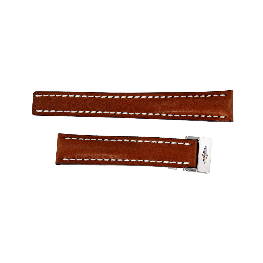 Breitling Brown Leather Watch Band Strap With White Stitching And A Stainless Steel Deployment Buckle 413X