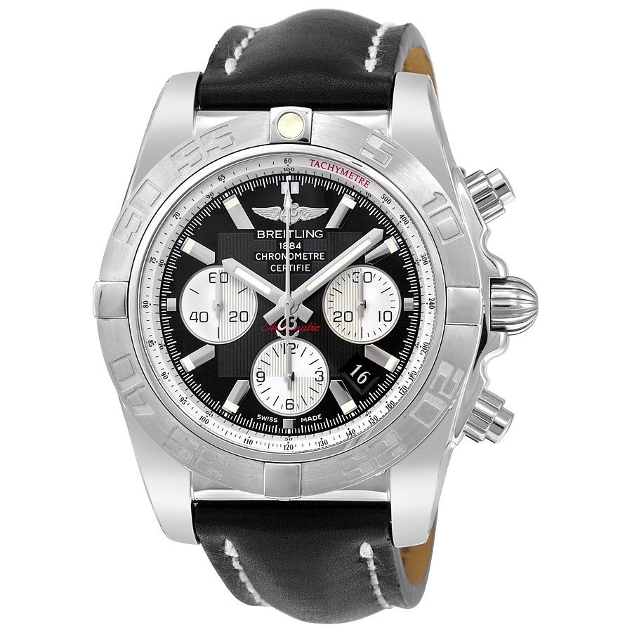 Breitling Chronomat 44 Black Dial Black Leather Men's Watch AB011011-B967BKLT