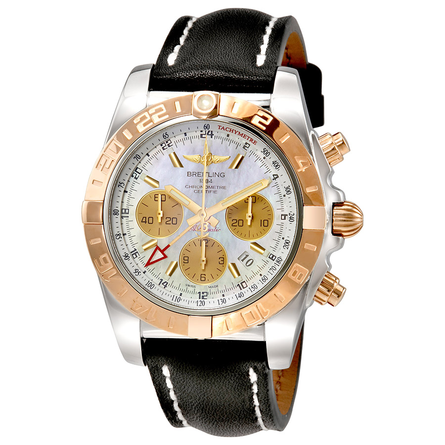 Breitling Chronomat 44 GMT Mother of Pearl Dial Black Leather Men's Watch CB042012/A739BKLT