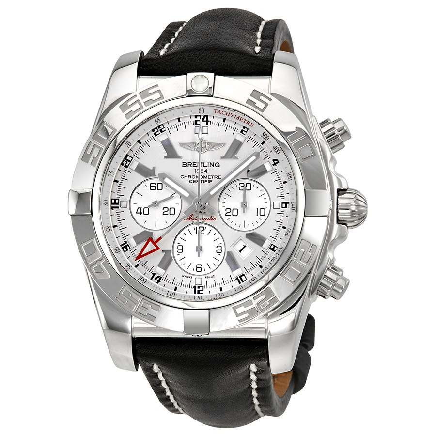 Breitling Chronomat GMT Silver Dial Black Leather Mesn Watch AB041012/G719BKLT