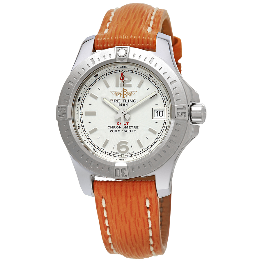 Breitling Colt Silver Dial Ladies Orange Sahara Leather Watch A7738811/G793-212XS