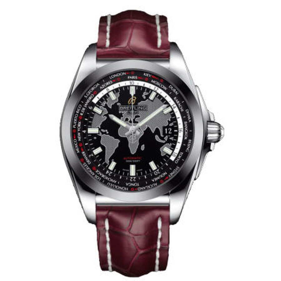 Breitling Galactic Unitime Black Dial Burgundy Leather Men 